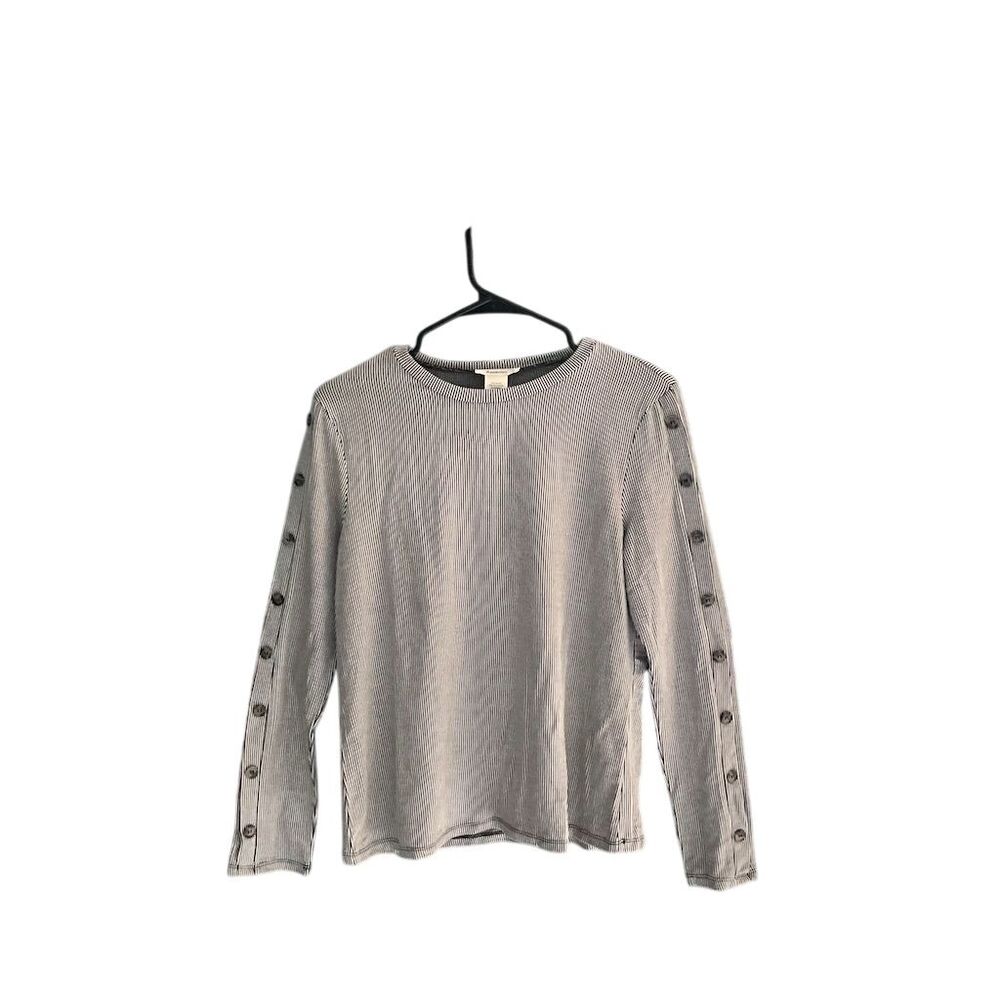 Urban Romantics Black White Striped Ribbed Button‎ Sleeve Top Large